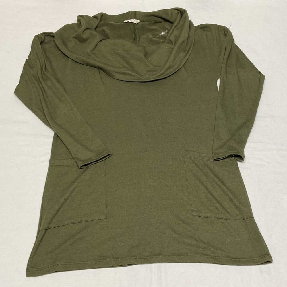 Emerald Olive Green Knit Cowl Neck Tunic Long Sleeve Button Back Patch Pockets M - Picture 7 of 12